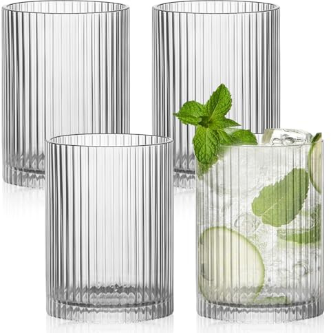 WANDGU 4 Stück 250ml Geriffelte Longdrinkgläser Kaffee Tassen Klare Glasbecher, Premium Trinkgläser, Cocktailgläser Set Kaffeebecher für Tee Milch Whisky Saft Mojito