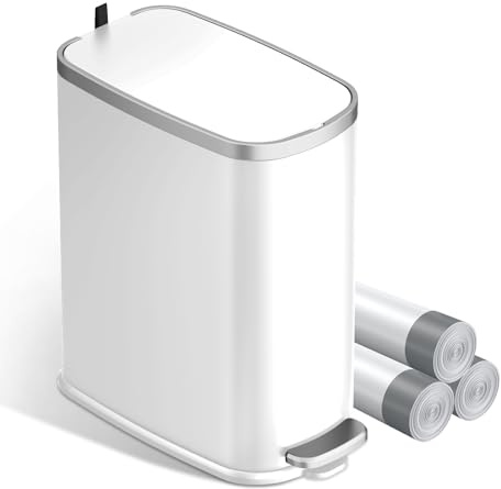 KUK Pattumiera sottile da bagno con coperchio a chiusura rallentata, pedale, 10 l, in acciaio inox, con secchio interno rimovibile, cestino anti-impronte per ufficio, camera da letto, WC (bianco)