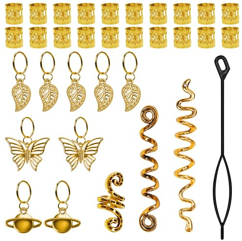 XCZYN Gioielli per capelli per decorazione trecce, accessori per capelli dorati, perline, polsini, ciondoli, anelli a molla, ciondolo con perla, 33 Pcs, Metallo