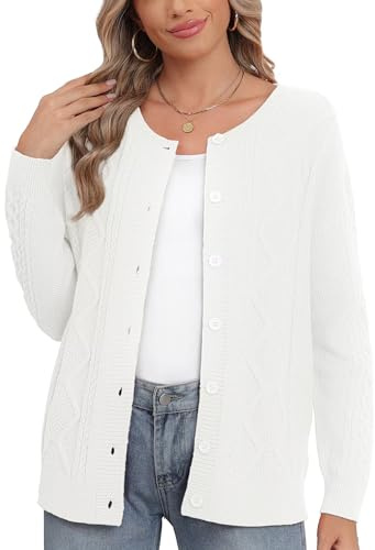 YGJIEGENG Cardigan grosso da donna aperto sul davanti a maniche lunghe maglione con bottoni oversize maglia a trecce autunno inverno casual Outwear cappotto, maglioni, S-2XL, bianco, M