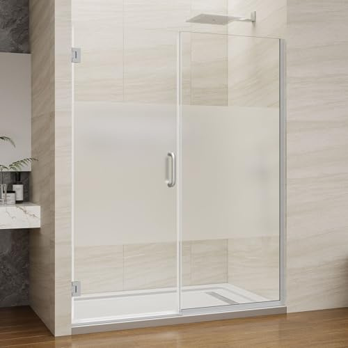 Pivot Swing Shower Door, Adjustable Width 59-60 W x 74 H Semi-Frameless Shower Glass Door with 5/16 in Clear SGCC Middle Frosted Tempered Glass with Nano Easy-Clean Coating (Brushed Silver)