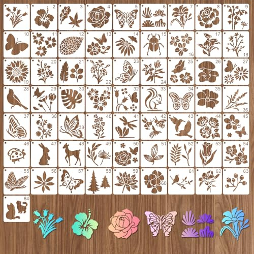 Arvoni 64 Plantillas para Pintar Reutilizables, 7,6x7,6 cm Flores, stencil plantillas, Animales Motivos, Ideales para Pintura en Tela, Scrapbooking DIY, Tarjetas y Decoración del Hogar