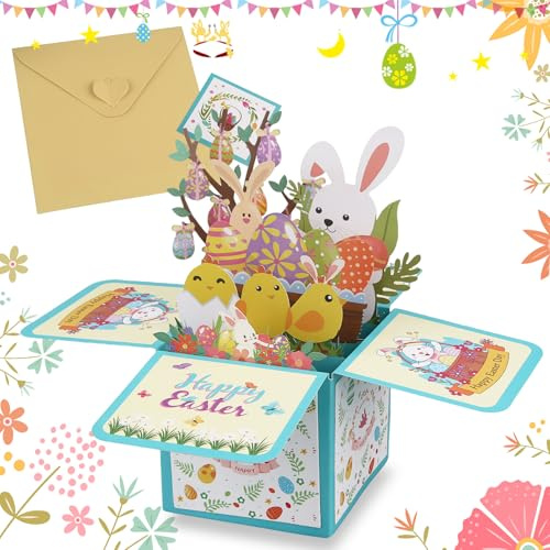 3D Osterkarten mit Umschlag und Blanko-Notiz Pop Up Karten Grußkarten Card Ostern Glückwunschkarten Kinder Basteln Osterhasen Happy Karte Easter Ostereier Bunny Frohe Osterkarte Ostergrußkarte(Blau)