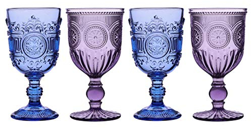 Coloured Wine Glasses, Set of 4, Blue & Purple Mandala - 300ml Wine Goblets Alfresco Dining Glassware