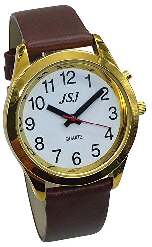 VISIONU Montre Parlante Analogique avec Alarme Annonce de l'heure et Date en Français pour Aveugle et Les Personnes Malvoyant, Couleur Dorée, Bracelet Cuir Marron TUF-G706