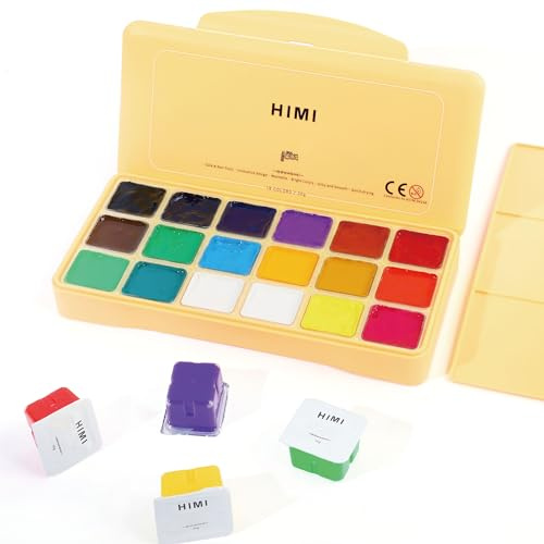 Gouache Set 18 Colori x 30 ml Kit di Pittura a Guazzo Non Tossici Unico di Tazza di Gelatina Portatile Colori Gouache con Tavolozza per Artisti Studente, Custodia Gialla