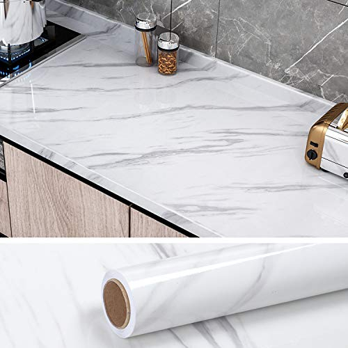 VEELIKE Carta Adesiva Marmo Bianco Carta da Parati per Cucina Lavabile Piano Top Cucina Rivestimento Paraschizzi Pellicola Adesiva Decorativa Soggiorno Camera da Letto Adesivo Muro Bagno 40cm x 600cm