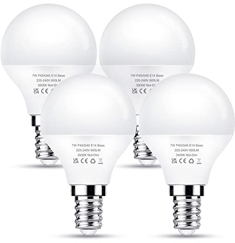 E14 LED Warmweiss Lampe 7W, 600LM Glühbirne E14, Ersetzt 60 Watt, G45/P45 LED Birne Warmweiß 3000K, 270° Abstrahlwinkel Energiesparlampe, Nicht Dimmbar Leuchtmittel, 4 Stück