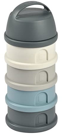 BÉABA Recipiente dosificador de leche en polvo, Dispensador de Leche Bebé, Apilable, 4 Compartimentos, 100% Hermética, Fabricado en Francia Uso evolutivo como caja de snacks, Mineral grey/blue