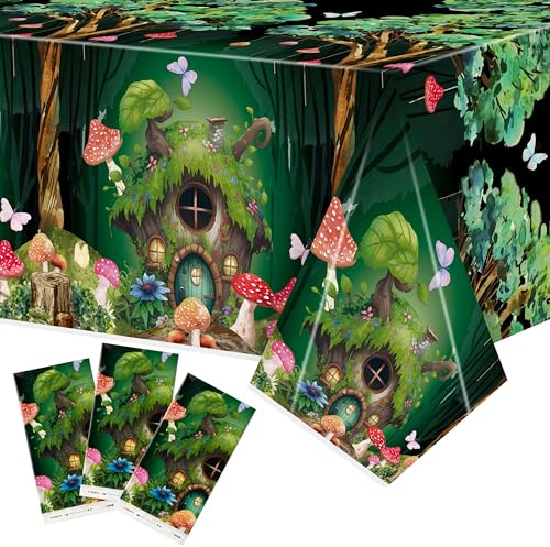 BkeeCten Table Cover Party Decor - 3 Packs Forest Theme Fairy House Disposable Plastic Rectangle Table Cloth Birthday Wedding Baby Shower Holiday Home Party Favors Decorations Supplies 54x108 Inch