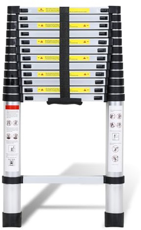 Fiqops Aluminium Teleskopleiter, 3.8M Ausziehbare Leiter, Rutschfester Aluleiter Stehleiter Mehrzweckleiter Ausziehbar Aluminiumleiter, Teleskop Ausziehleiter 150 kg Belastbarkeit