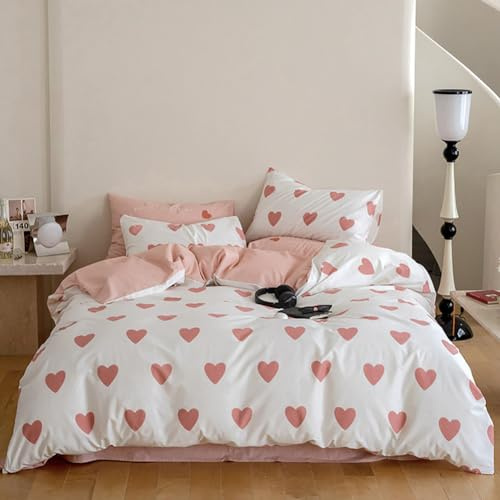 Nayoroom Bettwäsche 220x240 mit Herz Rosa Weiß Aesthetic Bettbezug Set Microfaser Weiß mit Rosa Herzen Bettwäsche und 2 x Kissenbezüge 80x80 cm Reißverschluss