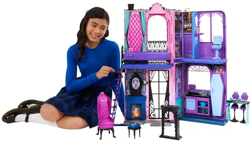 Monster High Hotel Buuuutique Casa de muñecas, conjunto de juego plegable con sorpresas espeluznantes en cada habitación y más de 13 piezas, incluidos muebles y accesorios, JBF16