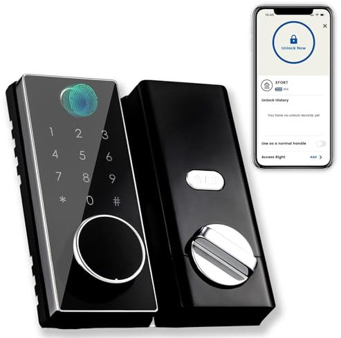 XFORT Smart Fingerprint Door Lock in Black – Keyless Door Lock with Fingerprint Recognition, Passcode Access, Bluetooth App Control, Auto-Locking, and Enhanced Security for Internal Wooden Doors.