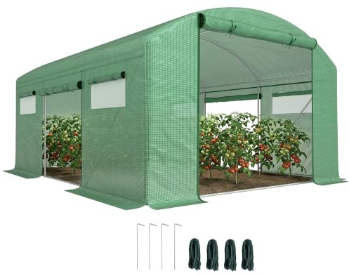 Outsunny 4 x 3 x 2m Polytunnel Greenhouse, 3 Roll-up Doors, Walk-in, Green | Mesh Windows, Garden Tunnel Warm House Tent, UV-resistant PE Cover, Galvanised Steel Frame