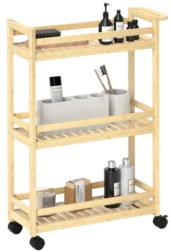 HOMCOM Servierwagen mit 3 Ebenen Küchenwagen mit Rollen, Griff Rollwagen aus Bambus Küchenregal Küchenrollwagen für Küche, Büro, Badezimmer, Naturholz