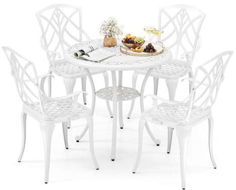 COSTWAY Mesa y Sillas Bistro, Aluminio Fundido, 1 Mesa con Orificio para Sombrilla y 4 Sillas, Conjunto Mesa y Sillas Jardin Balcon Terraza (Floral)