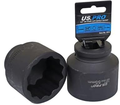 US PRO 3/4-inch Drive 55mm Impact Socket, 12-Point, Chrome Moly Steel, Black Phosphate