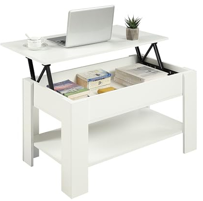 Home Treats Wooden Coffee Table Lifting Space Saving Storage Shelf | Lift Up Coffee Table Top For Living Room Office Entryway (White)