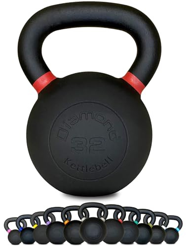 Diamond [Kettlebell Ghisa Pro 4–36 Kg] Peso In Ghisa Nera Opaca, Maniglia Grip 25–38 Mm, Pesi Per Cross Training, Allenamento Funzionale E Forza, Home Gym E Palestra (32 Kg)