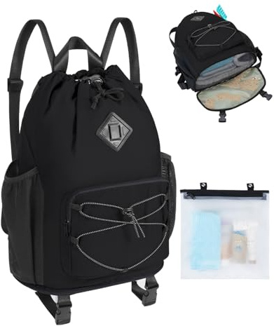WANDF Drawstring Backpack with Removable Wet Pocket, Sandproof Beach Backpack with Bottom Compression Strap for Beach Mat, Swim Bag for Pool, Gym, Travel and Workout Gear (Black)
