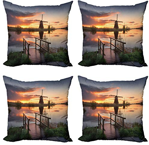 ABAKUHAUS Natur Kissenbezug Set (4 Stück), Holländische Windmühle Fluss, moderner doppelseitiger Digitaldruck, 60 cm, Orange Blue