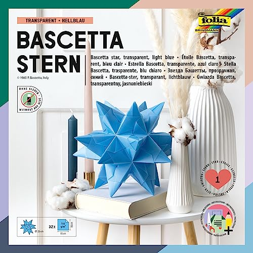 folia 830/1515 - Bastelset Bascetta Stern, Transparent hellblau, 15 x 15 cm, 32 Blatt, fertige Größe des Papiersterns ca. 20 cm, mit ausführlicher Anleitung - ideal zur zeitlosen Dekoration