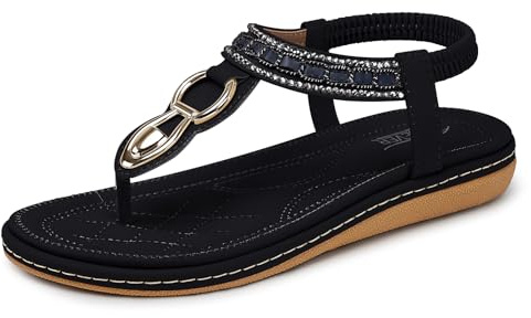 SHIBEVER Dressy Sandals for Women Comfortable: Summer Black Size 8 Walking Thong Casual Comfy Flat - Comfort T Strap Bohemian Women Sandals