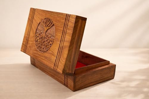 India House - Boîte en bois rustique arbre de vie sculptée à la main | Boîte multifonction 8x5x2.5 inches (arbre de vie 20,3 x 12,7 cm avec velours)