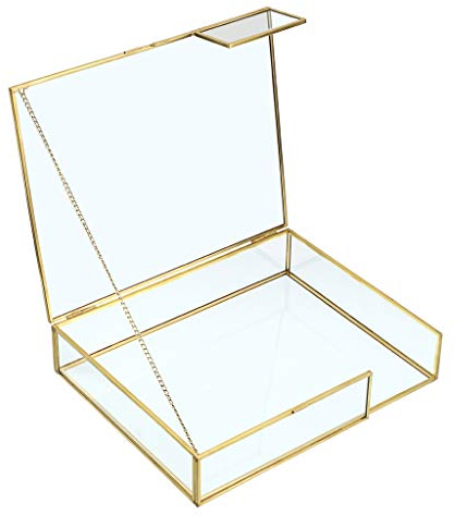 SUMNACON - Joyero vintage de metal y vidrio templado, almacenamiento para fotos, postales y bloc de notas pequeño para salón y oficina (rectángulo dorado 26 x 21 cm)