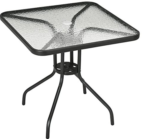 Outsunny Square Patio Table, Tempered Glass Top Bistro Table, Garden Dining Table, Outdoor Accent Coffee Table 76 x 76cm Steel Frame with Umbrella Hole