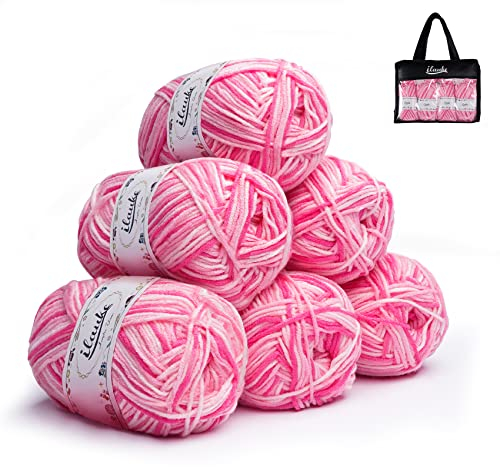ilauke 6 Stück Wolle zum Häkeln Farbverlauf, 300g(6x50g) 4-Fädig Acrylgarn zum Stricken Handstrickgarn Farbverlauf mit Tragetasche, Dicke Baumwolle Häkelgarn Set, Rose Häkelwolle für Häkeln & stricken