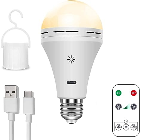 Lampadina Ricaricabile USB C Con Telecomando, 7W Lampadina Batteria, E27 Lampadina LED Dimmerabile Touch Control Con Funzione Temporizzazione, Luci Di Emergenza Campeggio Con Gancio,3000k/1 pack