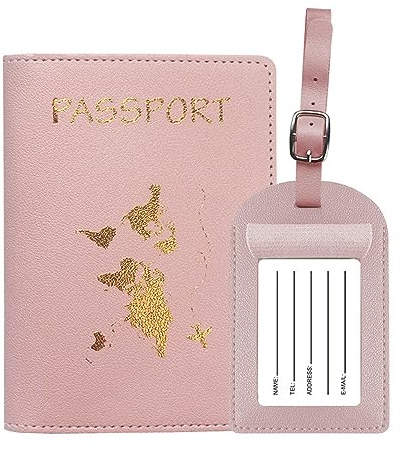 Kofferanhänger und Reisepasshülle Set,1 Reisepass Hülle + 1 kofferanhänger Passport Cover Rosa Reisepass Hülle mit Adressschild für Kreditkarten Ausweis Passport Gepäck Koffer Tasche