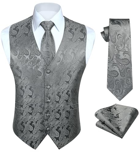 HISDERN Herrväst Blommig paisley, slips i blommigt jacquardtyg, fyrkantig ficka, näsduk kostym set, L
