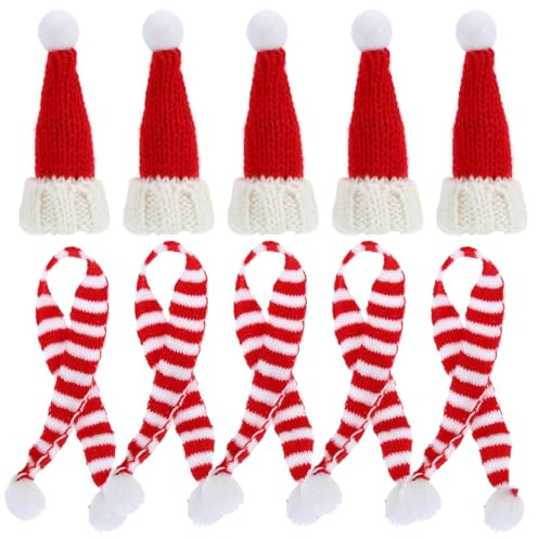 MAGICLULU 10-Teiliges Mini-Weihnachts-Strickmützen-Schal-Set Rot-Weiß Gestreift Weinflaschen-Schal Kleiner Weihnachtsmützen- Zum Basteln Party Zuhause