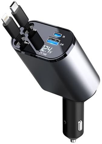100W Auto Ladegerät Zigarettenanzünder USB C: KFZ Ladegerät - Einziehbar Adapter Zigarettenanzünder Steckdose, KFZ-Handyladestationen für iPhone, Samsung, Xiaomi, Huawei