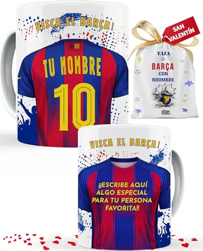 Taza del Barcelona personalizada con nombre y número, diseños de tazas de futbol para fans del Barcelona, tu equipo favorito en taza de cerámica de café, té, chocolate 325 ml(Barcelonacerámica)