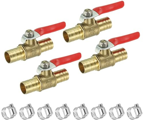 sourcing map 1/2 Mini Ball Valve, Brass Shut-Off Valve Switch Hose Barb Pipe Tube Fittings with Clamp 90 Degree Red Operation Handle, Brass Valve, 4 Set