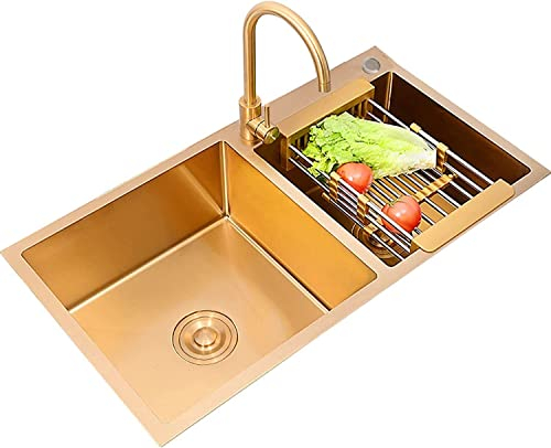 Küchenspüle, Küchenspüle, Heimbar, Arbeitsplatz-Spüle, Küchenspüle, Doppelwaschbecken, Gold-Edelstahlspüle, inklusive goldenem Wasserhahn-Zubehör und Seifenspender, Aufsatzmontage und Unterp