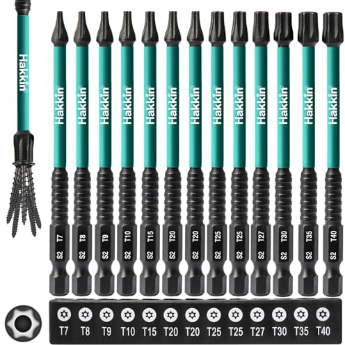 Hakkin Torx Bits Set Lang 13 Stück 100 mm Bitsatz für Akkuschrauber | 1/4 Torx Schrauber Bit Set mit Loch S2 Torx Schrauber Set T7,T8,T9,T10,T15,T20,T25,T27,T30,T35,T40