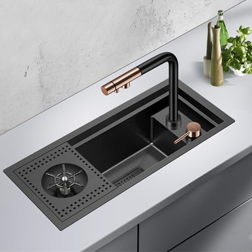 SAINUO Spülbecken, Einbauspüle Luxus mit Ausziehbarer Wasserhahn anheben, Waschbecken Küche mit Wasserhahn, 79×27cm, Entwässerungsset, Becherspüler, Multifunktionales Ablaufbecken, Mülleimer