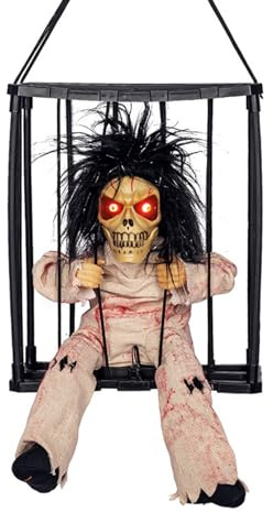 GGXDH Animierte Halloween Deko mit Bewegungsmelder, Schreiender Totenkopf‑Käfig mit Leuchtenden Augen & Gruseligen Geräuschen, Spukhaus Horror Requisit für Halloween Party