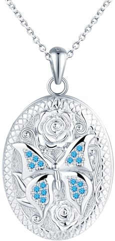 Schmetterling Medaillon zum Öffnen für Bilder Halskette Damen Silber 925 mit Zirkon: Rose Foto Kette Ovale Bilder Anhänger Halskette-Ästhetik Amulett Schmuck Geschenk für Frauen Mama Freundin Mädchen