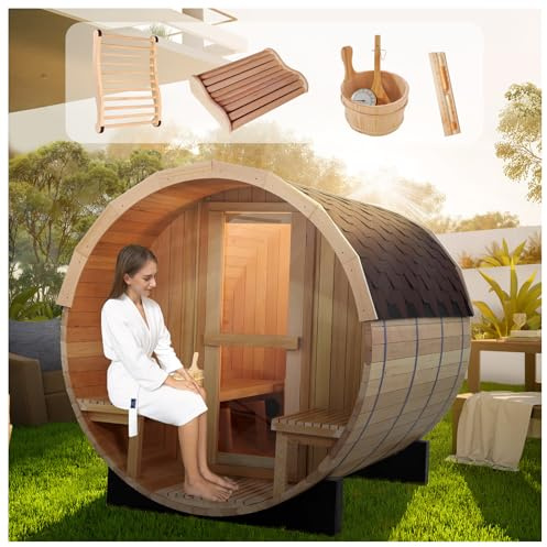 AMOCANE Sauna extérieur en forme de tonneau pour 6 à 8 personnes avec porche, sauna en bois de pruche à faible CEM 220 V/6 kW Chauffage électrique traditionnel avec toit en bardeaux, seau pour