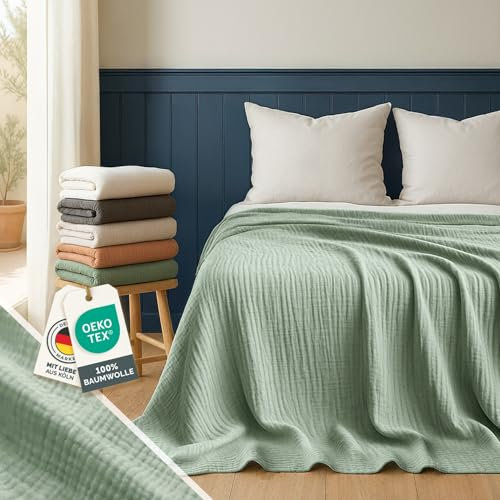 Blumtal Tagesdecke Baumwolle 200x230 cm - Musselin Decke Oeko-TEX zert. - Bettüberwurf 200x230 - Couch Überwurf - leichte Kuscheldecke Baumwolle 100% - Sofadecke Überwurf - weiche Couchüberwürfe Grün