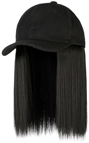 Damen-Perücke, Kurzes Glattes Haar, mit Kappe, Baseballkappe mit Haarverlängerungen, Kurze Gerade Bob-Frisur, Hochtemperatur-Seidenfaser, Verstellbarer Umfang für Frisuren (BLACK)