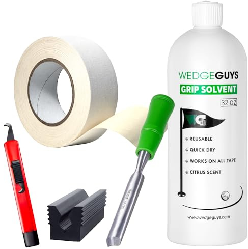 Wedge Guys Golf Grip Tape Roll Kit | 2x18 Yard Tape Roll, 32 Ounce Grip Solvent, Hook Blade, Grip Tape Remover, and Bench Vise Clamp |