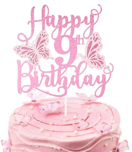 Personalised Pink 3D Butterfly Happy 9th Birthday Glitter Cake Toppers,Pink Butterfly Theme Cake Toppers for Cake Decorations Girls 9 Years Old Birthday Party Keepsakes