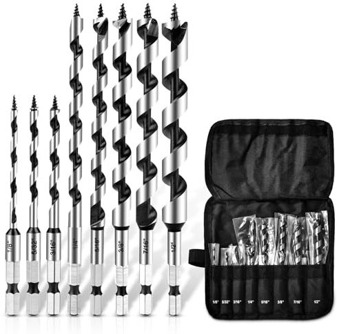 NICAVKIT 8Pcs Auger Drill Bit Set for Wood, 1/8-1/2 Inch Ship Auger Drill Bit with 1/4 Hex Shank for Soft and Hard Wood, Plastic, Drywall and Composite Materials